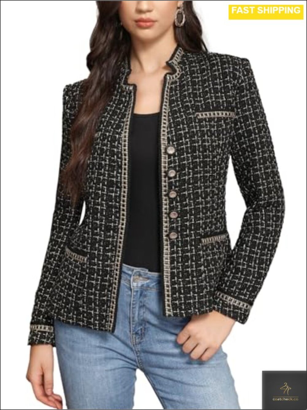 Tweed Blazer Women's Tailored Fit 100% Polyester Notch Lapel